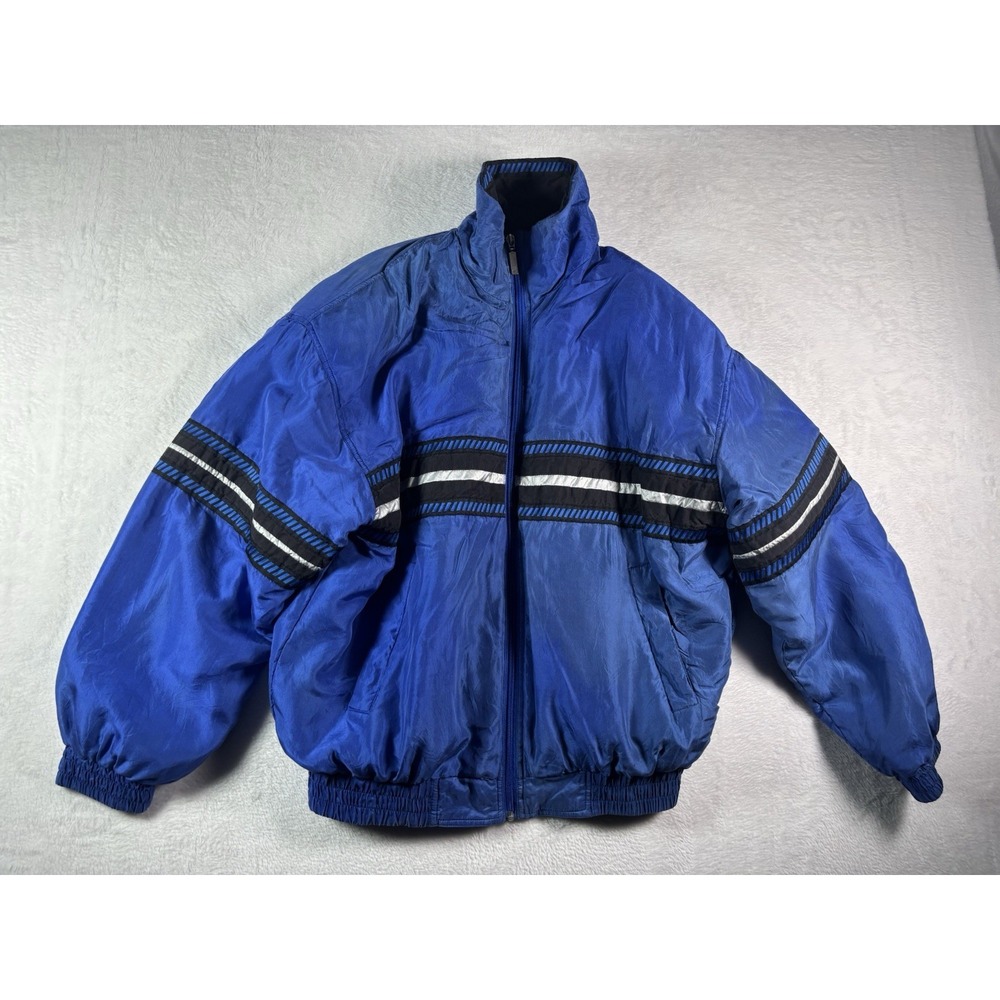 Vintage FUDA Sport Jacket Mens Large Blue 100% Silk Full Zip Track Windbreaker